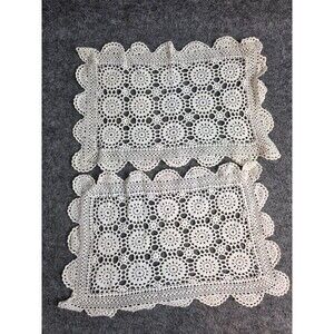 Handmade Crochet Lace Rectangular Doilies Set Of 2 White Floral Design 16”x10”